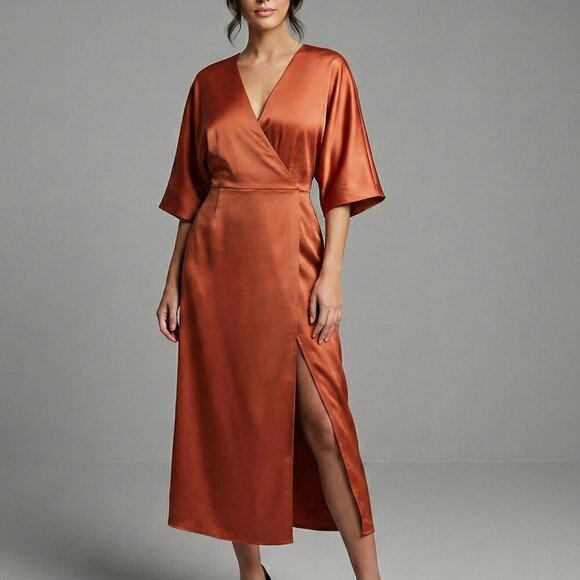 Aritzia Dresses & Skirts - Aritzia Babaton Satin Dress Stanley Kimono Style Faux Wrap Burnt Orange  Copper